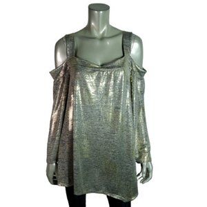 Avenue Top Plus Size 26/28‎ Gold Silver Metallic Cold Shoulder Stretch Pullover